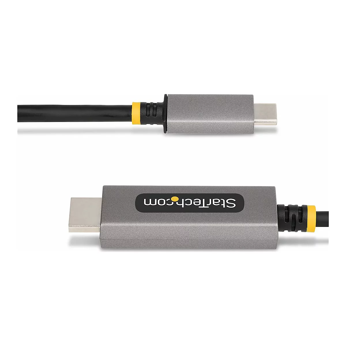 Deux câbles USB-C et HDMI gris avec des accents jaunes, posés sur fond blanc. Logo Startech.com sur un connecteur.