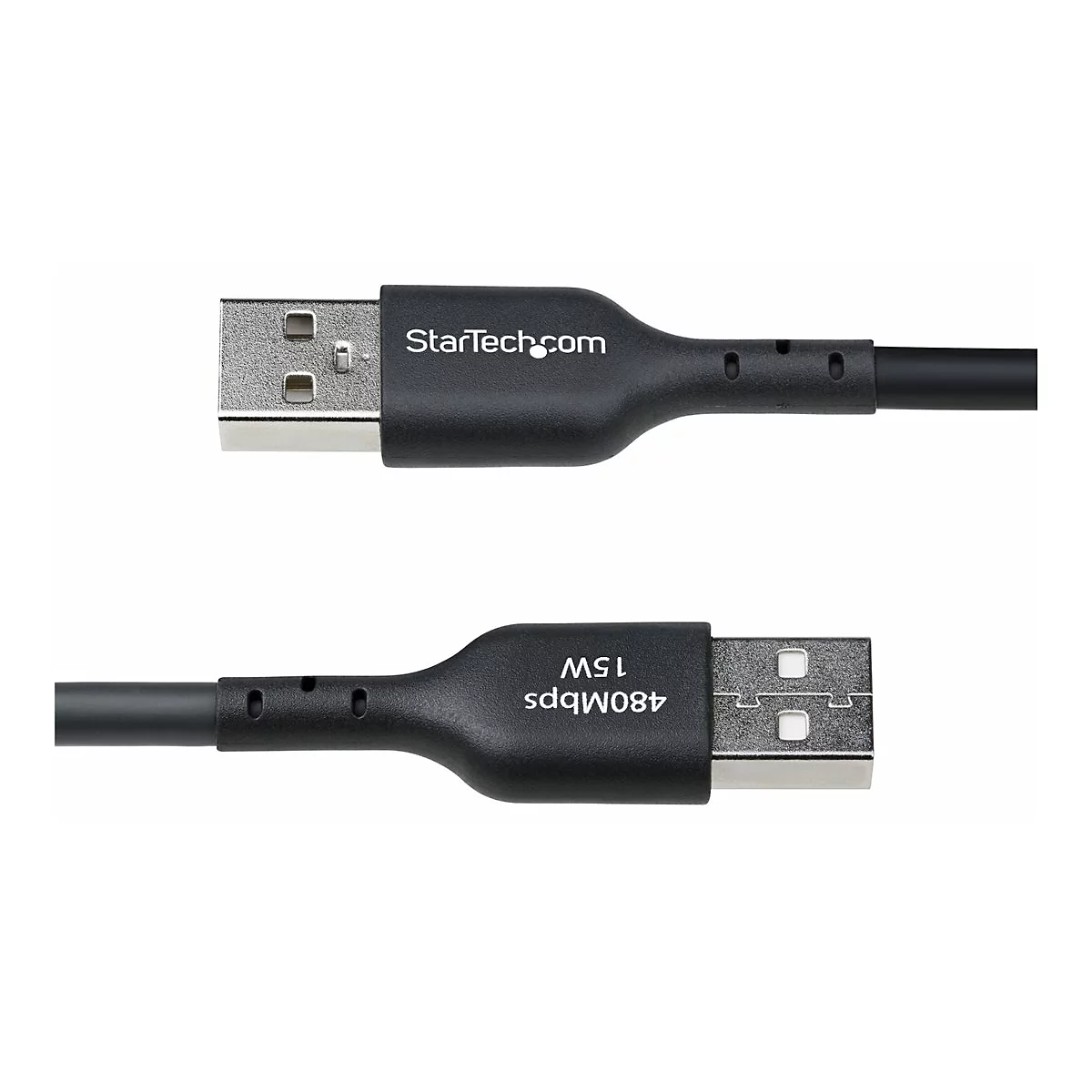Deux câbles USB noirs avec le logo StarTech.com et des informations sur le produit.