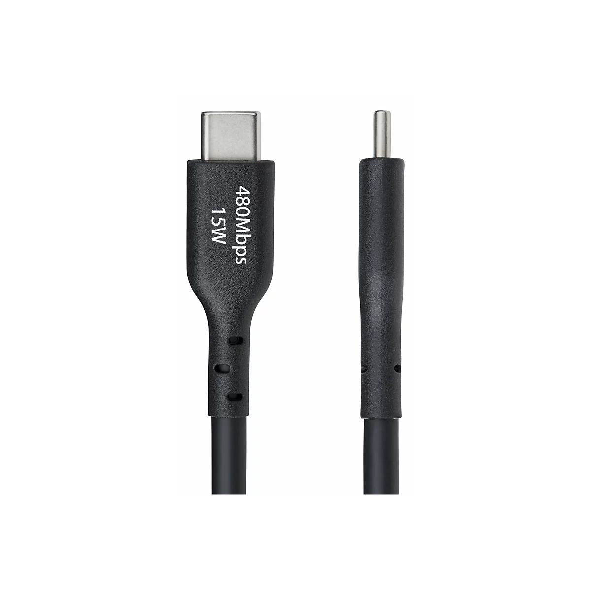 Un câble USB-C noir sur fond blanc. Le câble porte l'inscription "480Mbps 15W" en blanc.