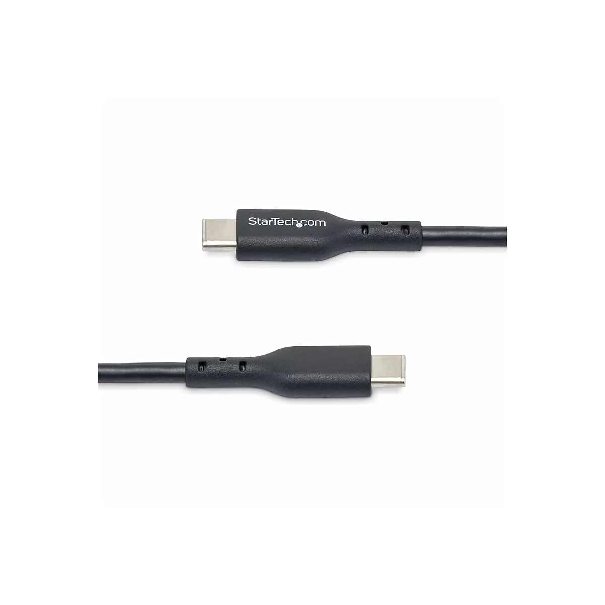 Un câble USB-C noir sur fond blanc. Le câble porte l'inscription "StarTech.com".