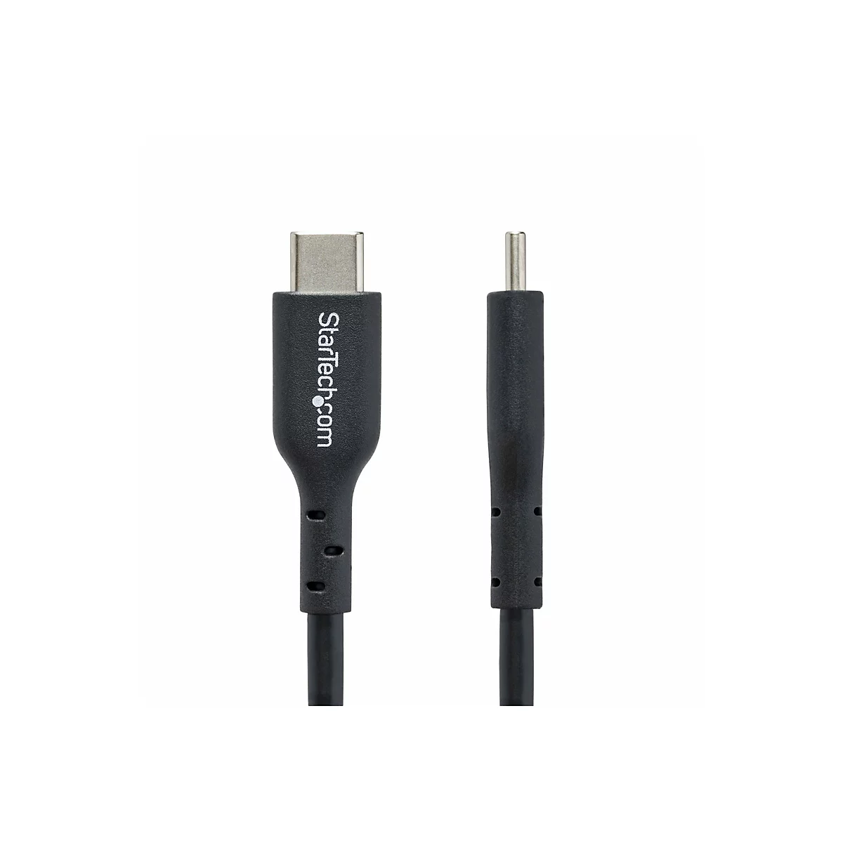Un câble USB-C noir avec le logo "StarTech.com". Le câble possède une prise USB-C et une fiche, toutes deux présentées sur un fond blanc.