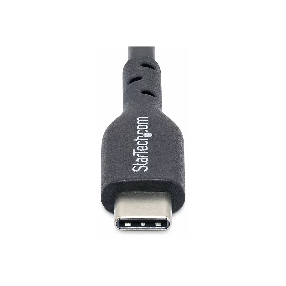 Gros plan d'un câble USB-C noir, avec le logo StarTech.com et un connecteur métallique, sur fond blanc.