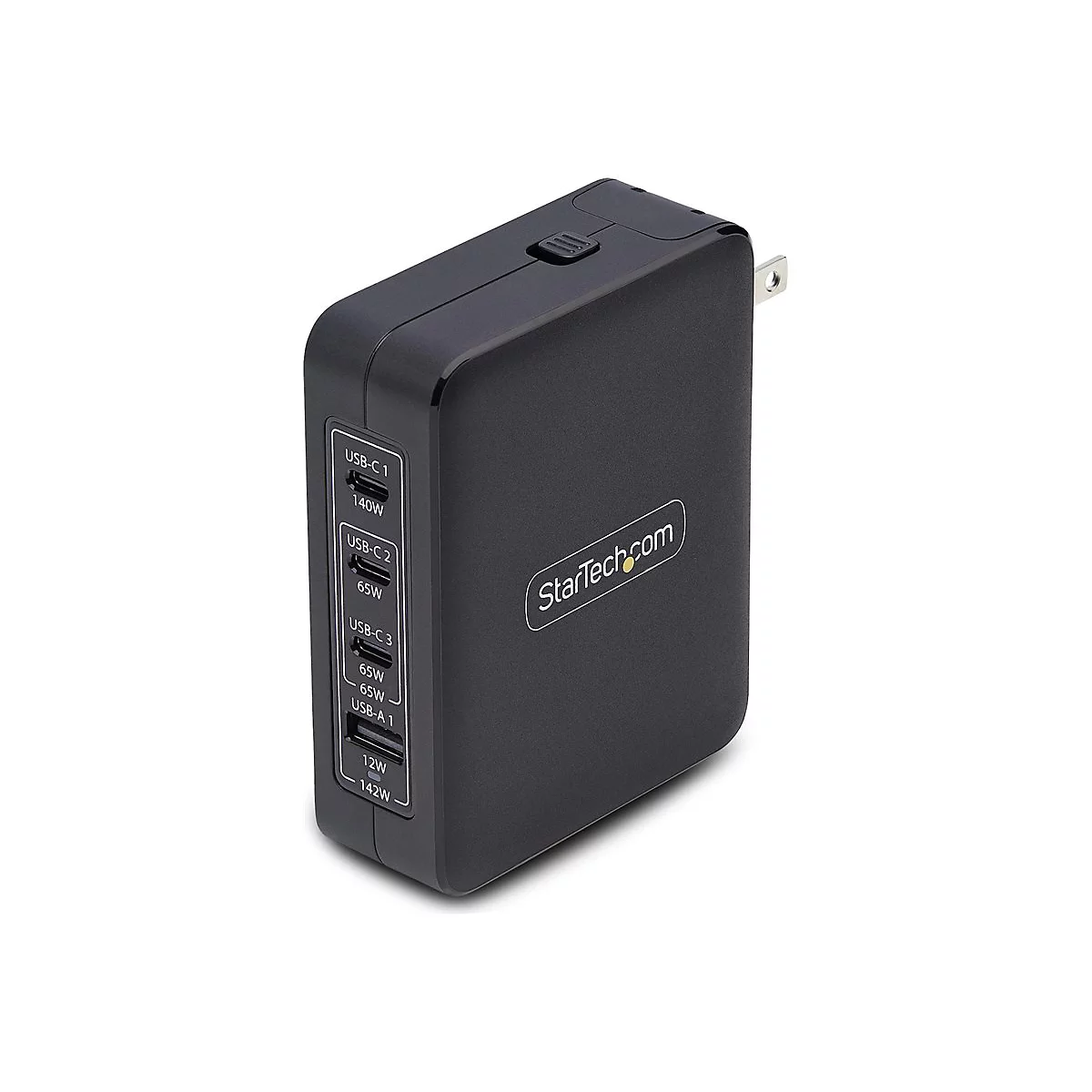Schwarzes Ladegerät mit USB-C und USB-A Anschlüssen. Aufschrift StarTech.com und Leistungsangaben.
