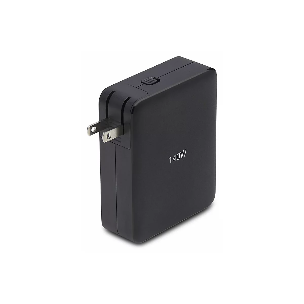 Schwarzes Ladegerät, 140W, mit US-Stecker, auf weißem Hintergrund.