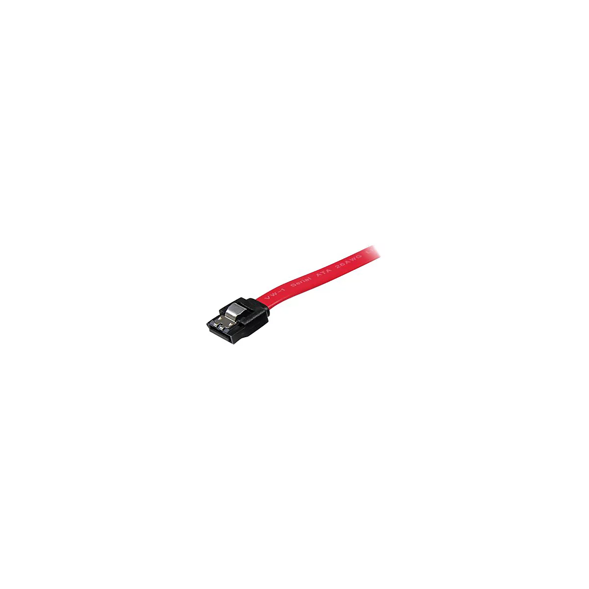 Rotes SATA-Kabel mit schwarzen Steckern. Aufschrift: Serial ATA 26AWG.
