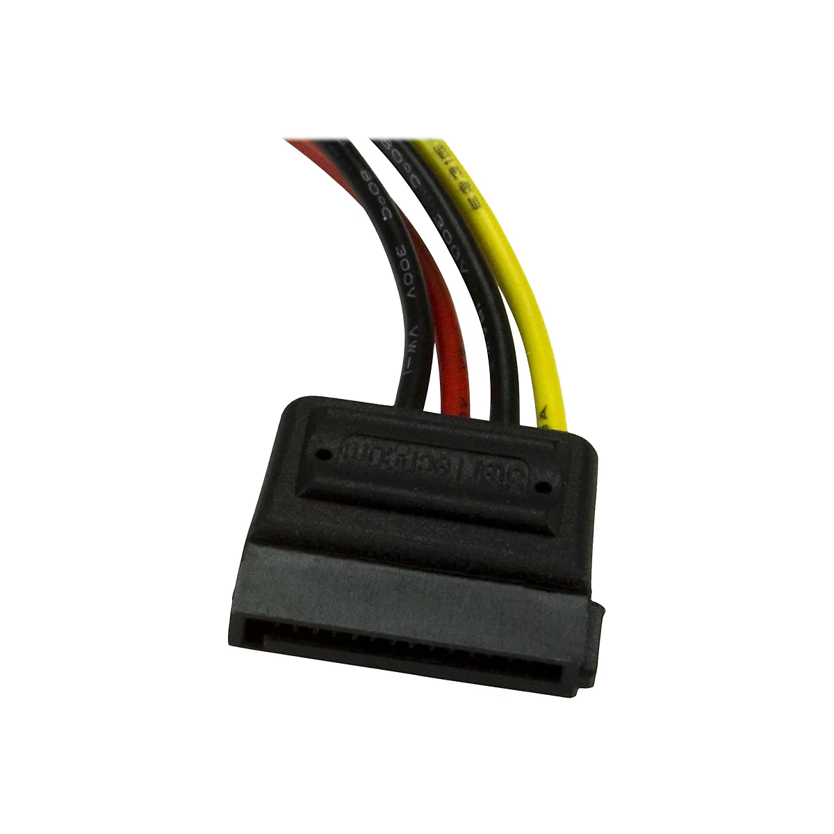 Ein schwarzer SATA-Stecker mit drei bunten Kabeln: rot, gelb, und schwarz.