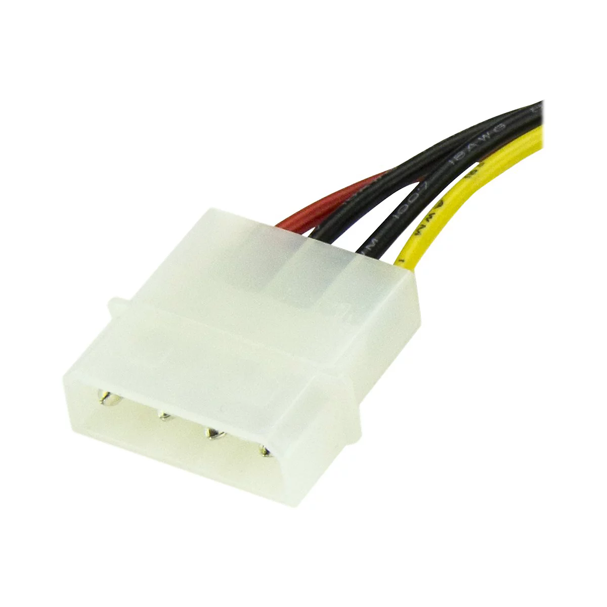 Nahaufnahme eines weißen Stromanschlusses mit vier Pins und farbigen Kabeln: rot, schwarz und gelb.