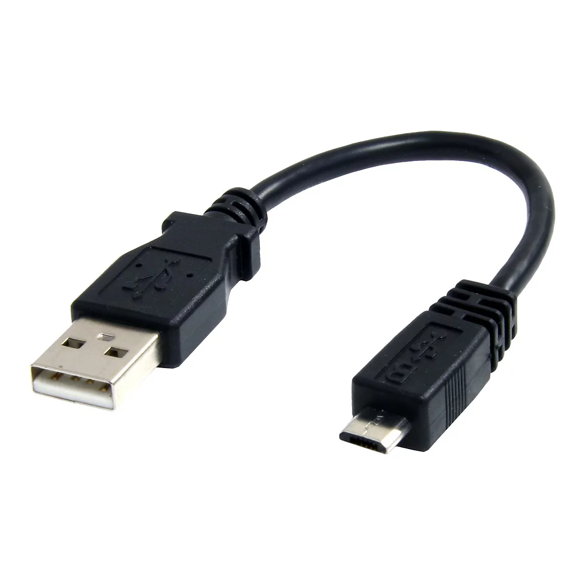 Ein schwarzes USB-Kabel, das an beiden Enden unterschiedliche Anschlüsse aufweist, vor weißem Hintergrund.