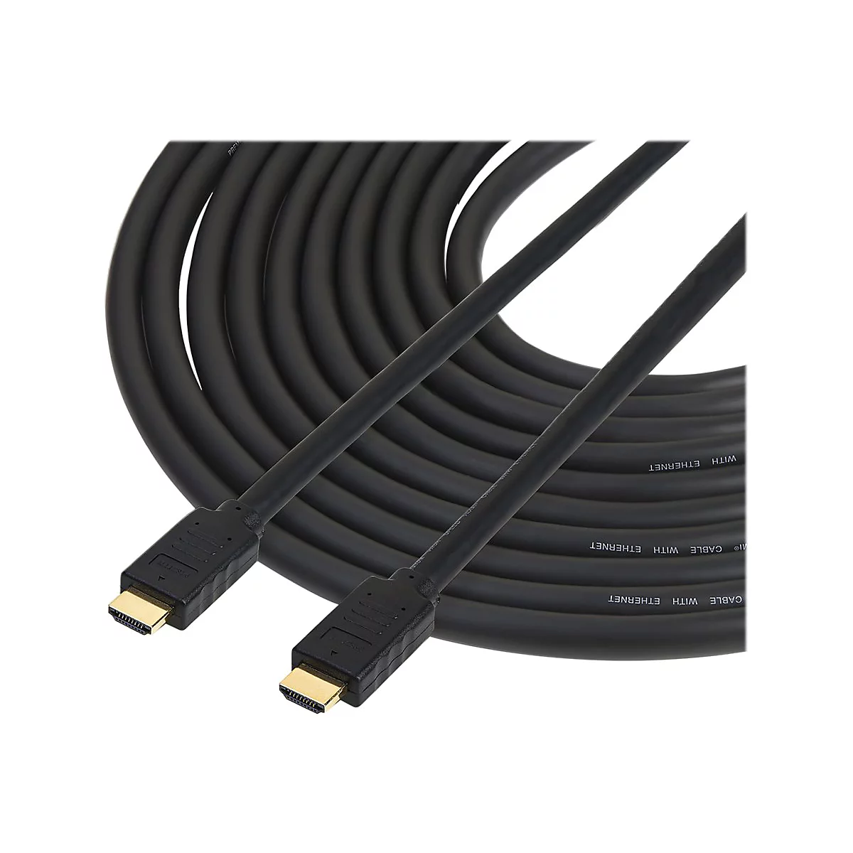 Zwei schwarze HDMI-Kabel mit vergoldeten Anschlüssen. Der Text 'Cable with Ethernet' ist auf dem Kabel aufgedruckt.
