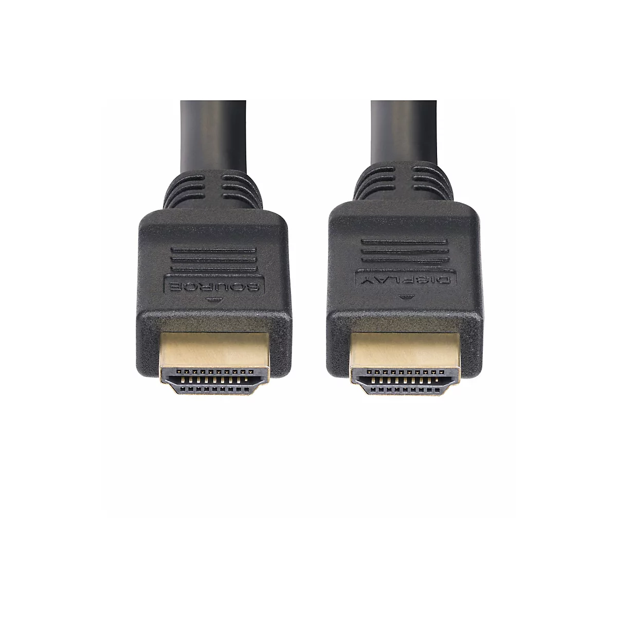 Zwei schwarze HDMI-Kabel mit Steckern vor weißem Hintergrund. Der Stecker links hat die Aufschrift "SOURCE", der rechte Stecker die Aufschrift "DISPLAY".