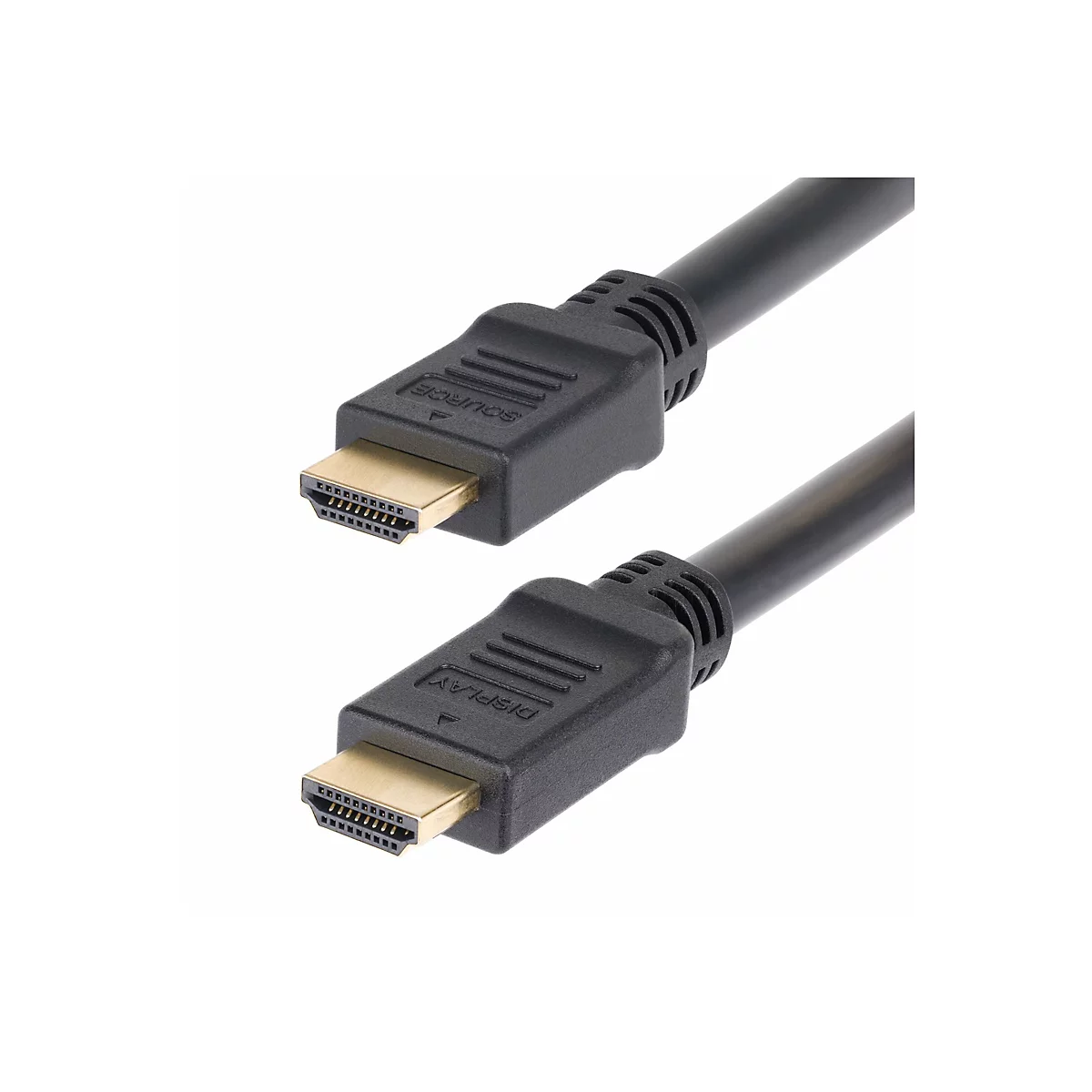 Zwei schwarze HDMI-Kabel mit vergoldeten Anschlüssen. Der Aufdruck auf dem einen lautet "SOURCE", auf dem anderen "DISPLAY".