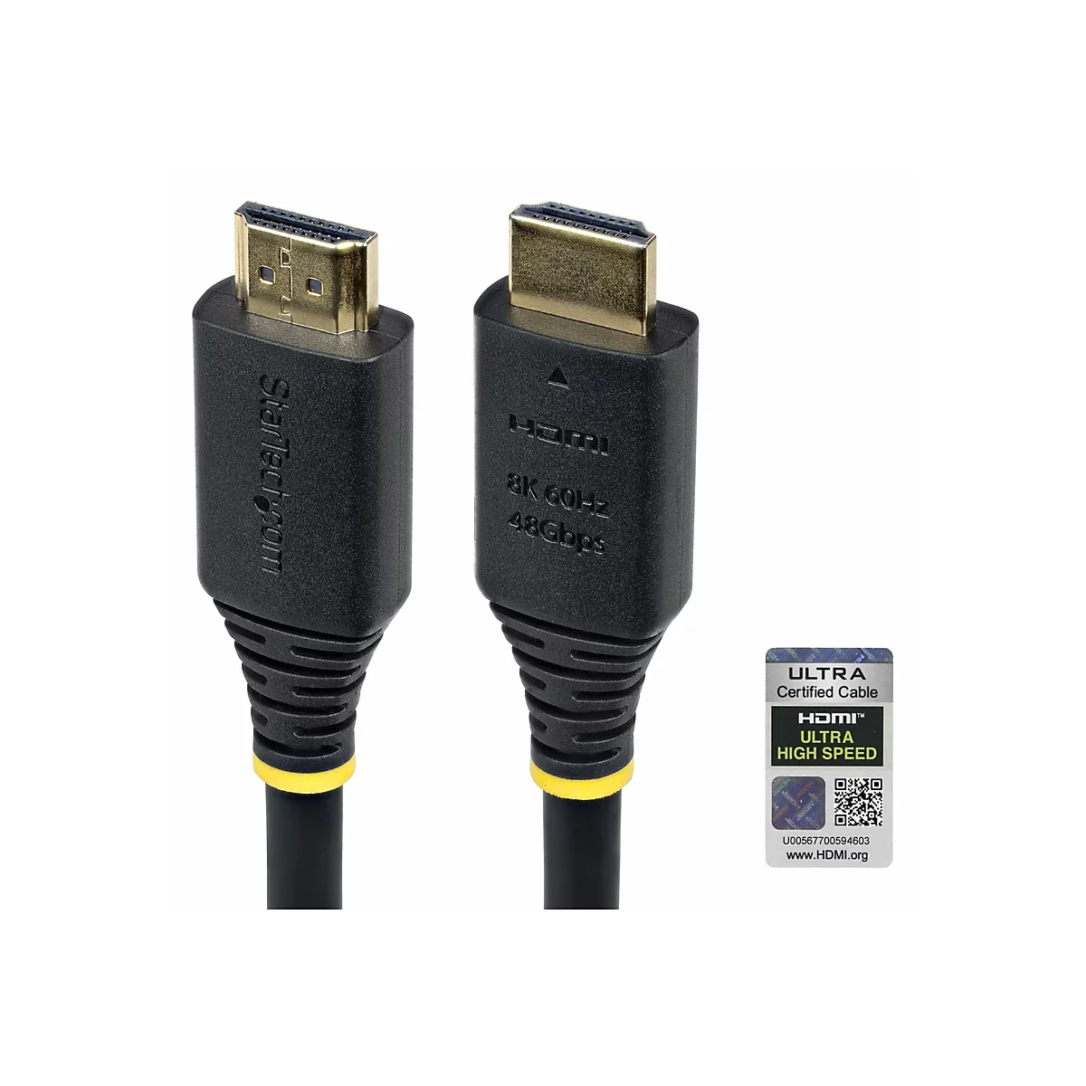 Deux câbles HDMI noirs avec connecteurs dorés et autocollant.