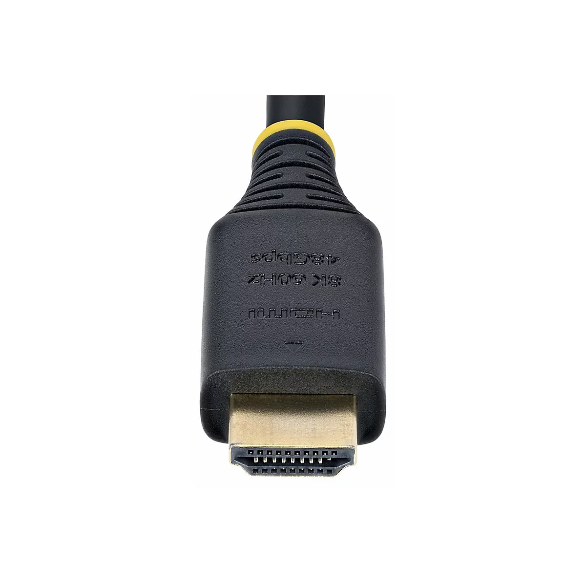 Gros plan sur un câble HDMI noir avec un connecteur doré. Le texte sur le connecteur indique '8K 60HZ 48Gbps'.