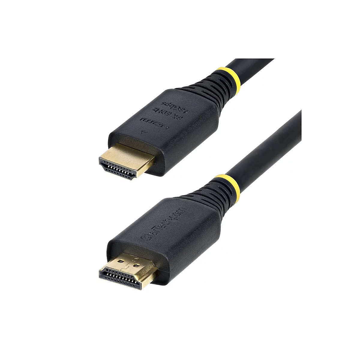 Un câble HDMI noir avec des fiches dorées. Sur une fiche, on peut lire "8K 60hz 48Gbps". Anneau jaune.
