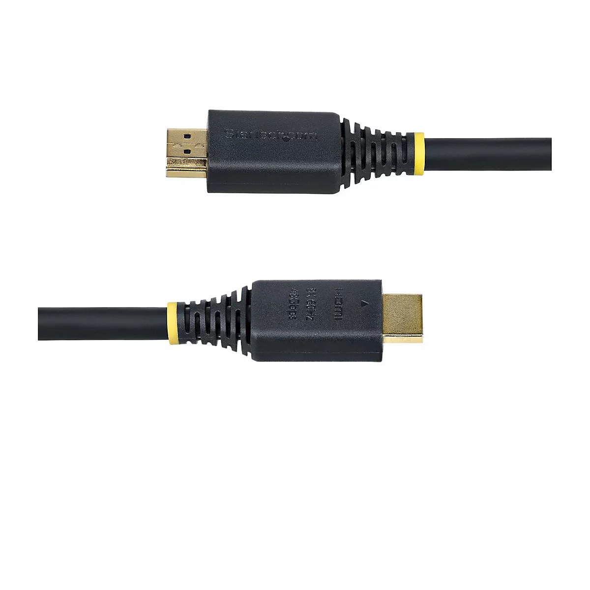 Deux câbles HDMI avec des connecteurs noirs et des contacts dorés sur fond blanc.