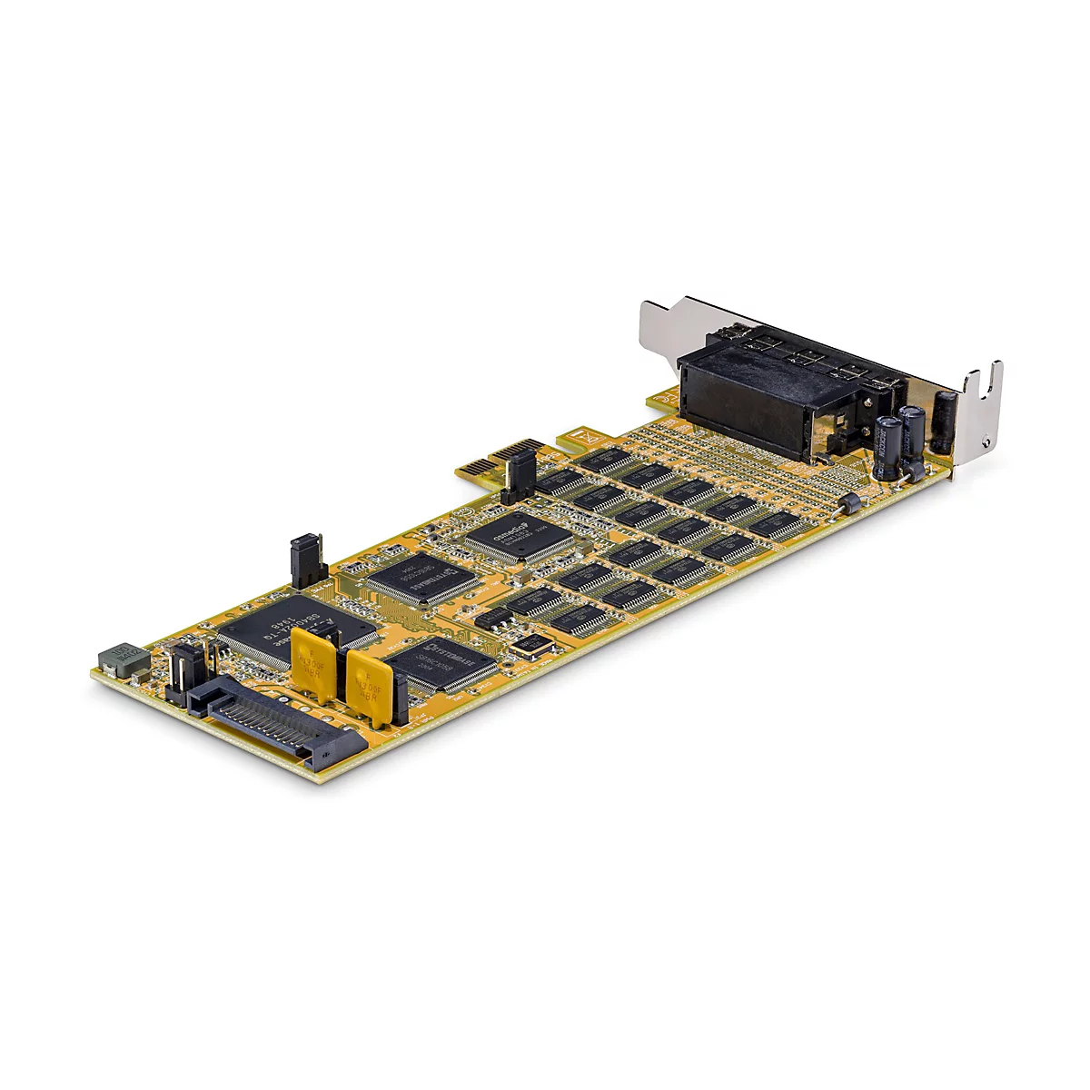 Eine Computer-Erweiterungskarte mit goldenen Leiterbahnen und schwarzen Chips, auf weißem Hintergrund.