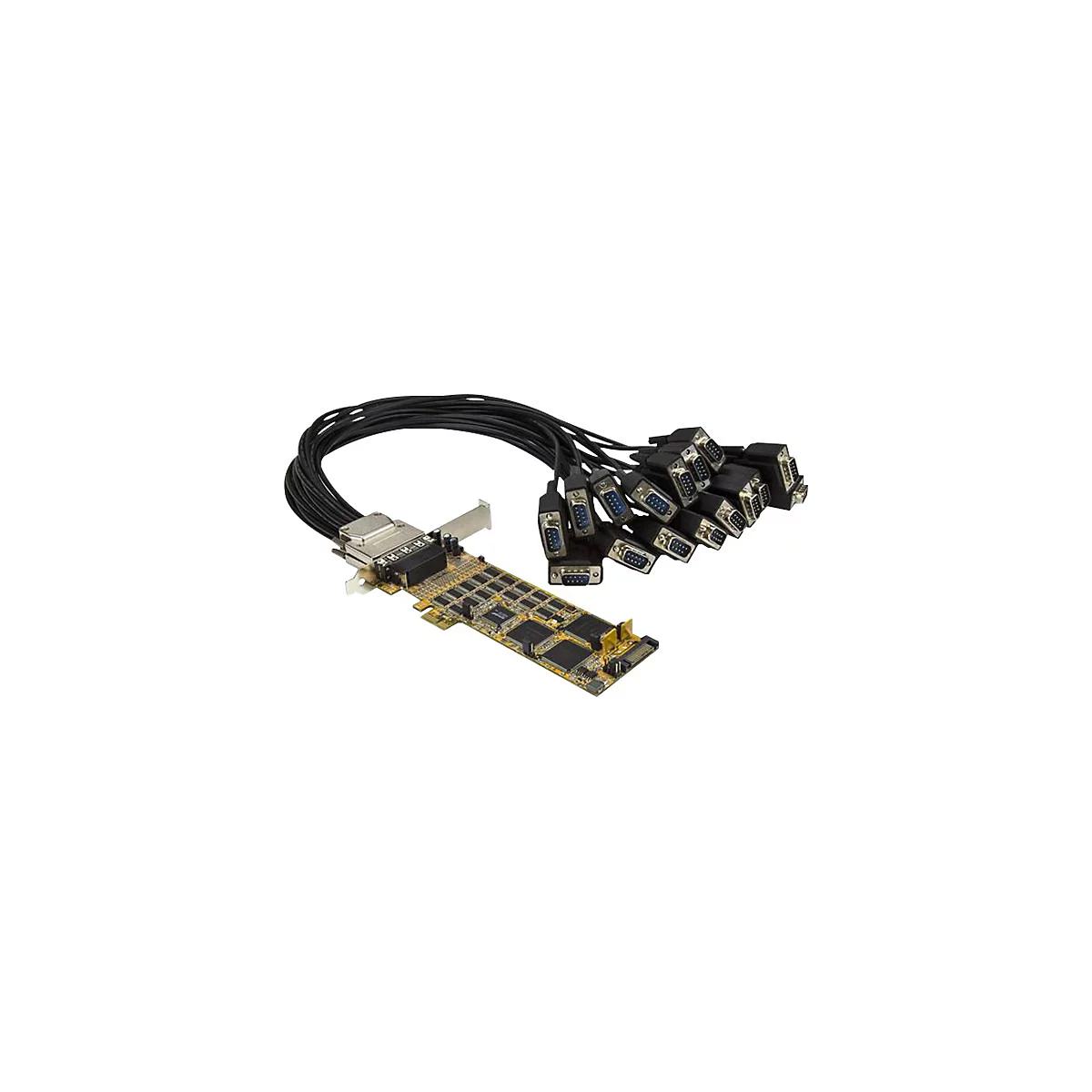 Eine Computerkarte mit mehreren Kabeln und Steckern. Die Karte ist goldfarben, die Kabel schwarz.