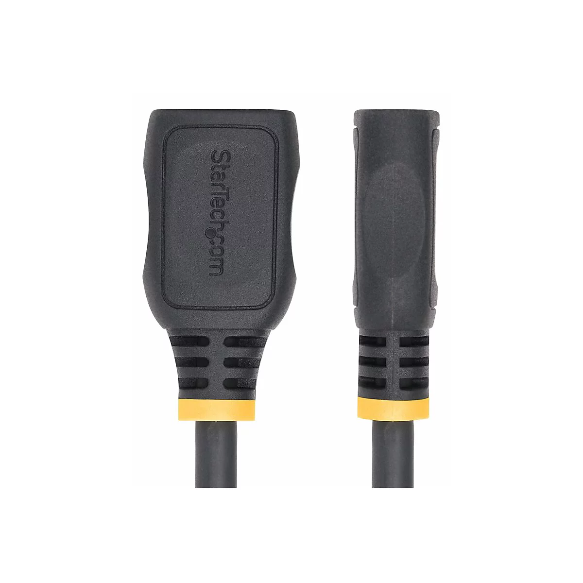 Gros plan d'un câble HDMI noir avec des touches de jaune et le logo StarTech.com.