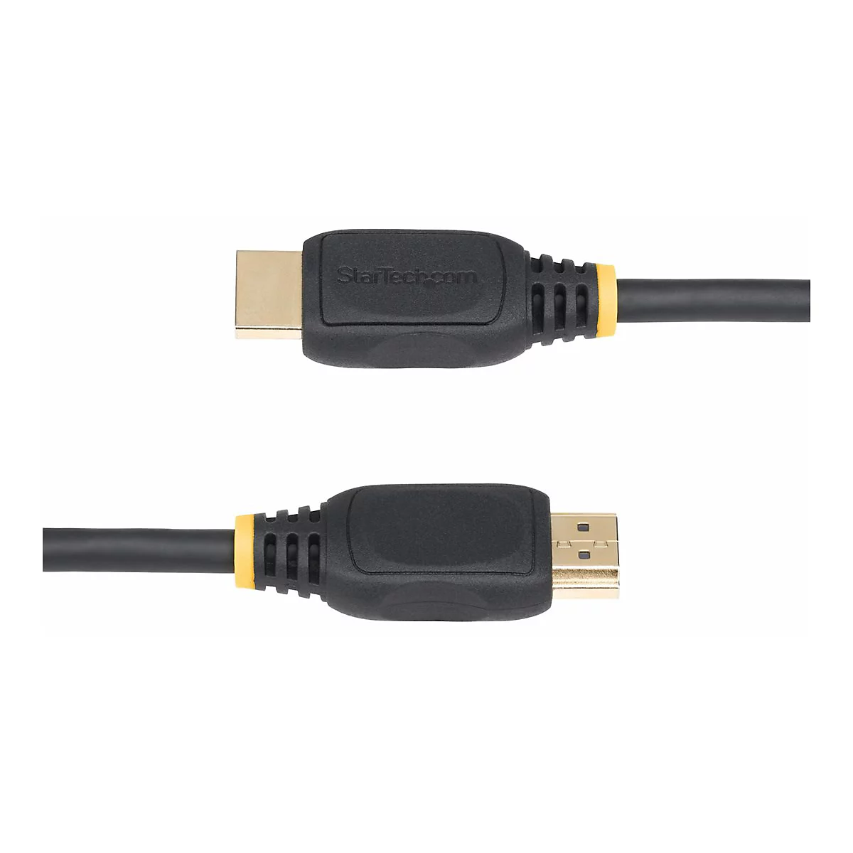 Deux câbles HDMI noirs avec des connecteurs dorés et des accents jaunes sur fond blanc. Le mot "Startech.com" est imprimé sur un câble.