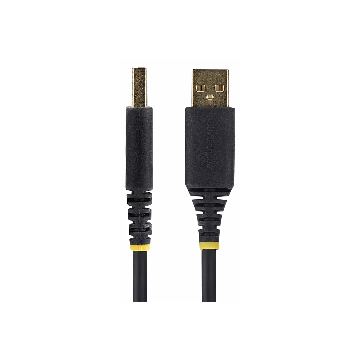 Un câble USB noir avec des connecteurs dorés. L'un des connecteurs porte la mention "Startech.com".