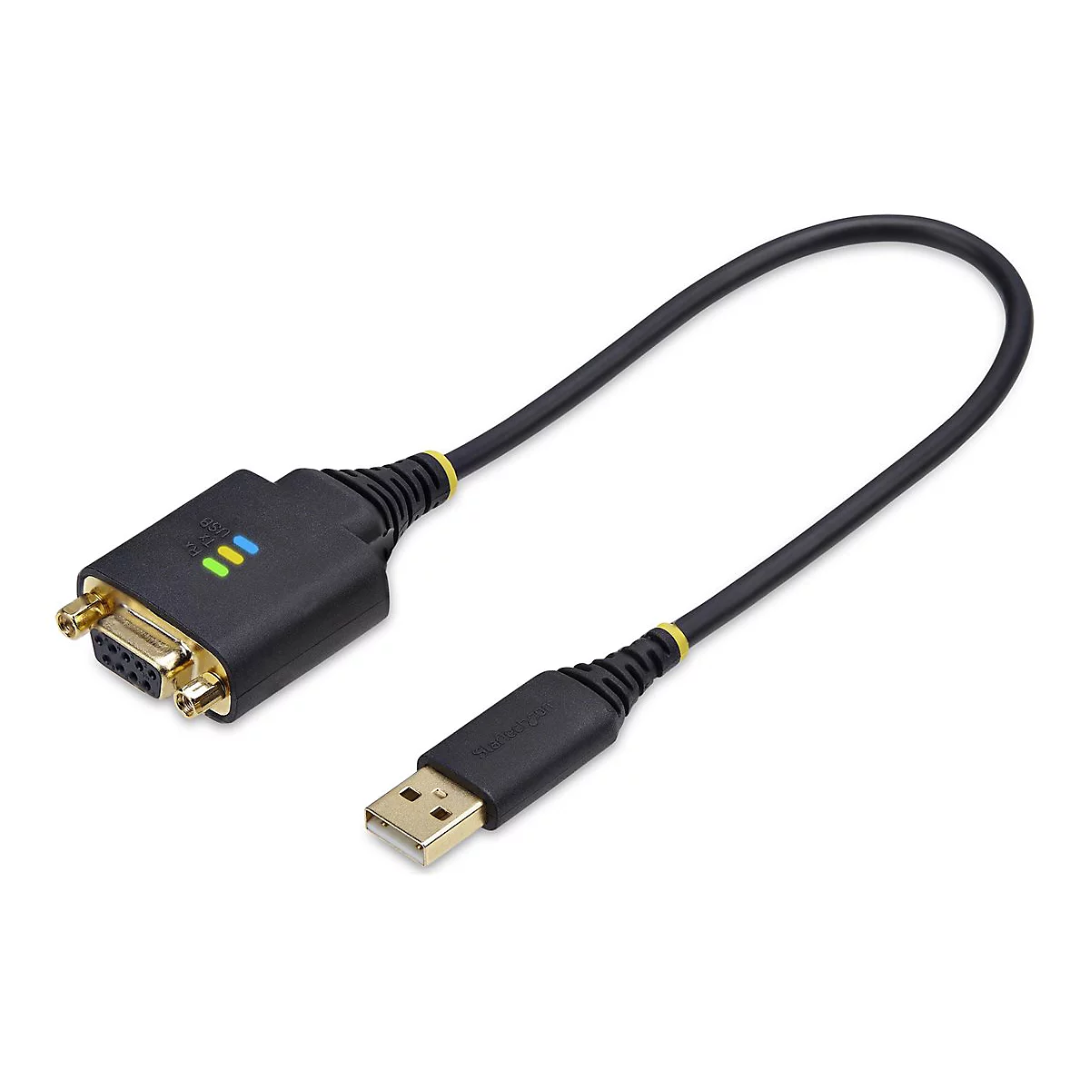 Câble adaptateur USB vers RS232 noir. Une extrémité avec connecteur USB-A, l'autre avec connecteur DB9. Accents jaunes. LED indiquant l'état.