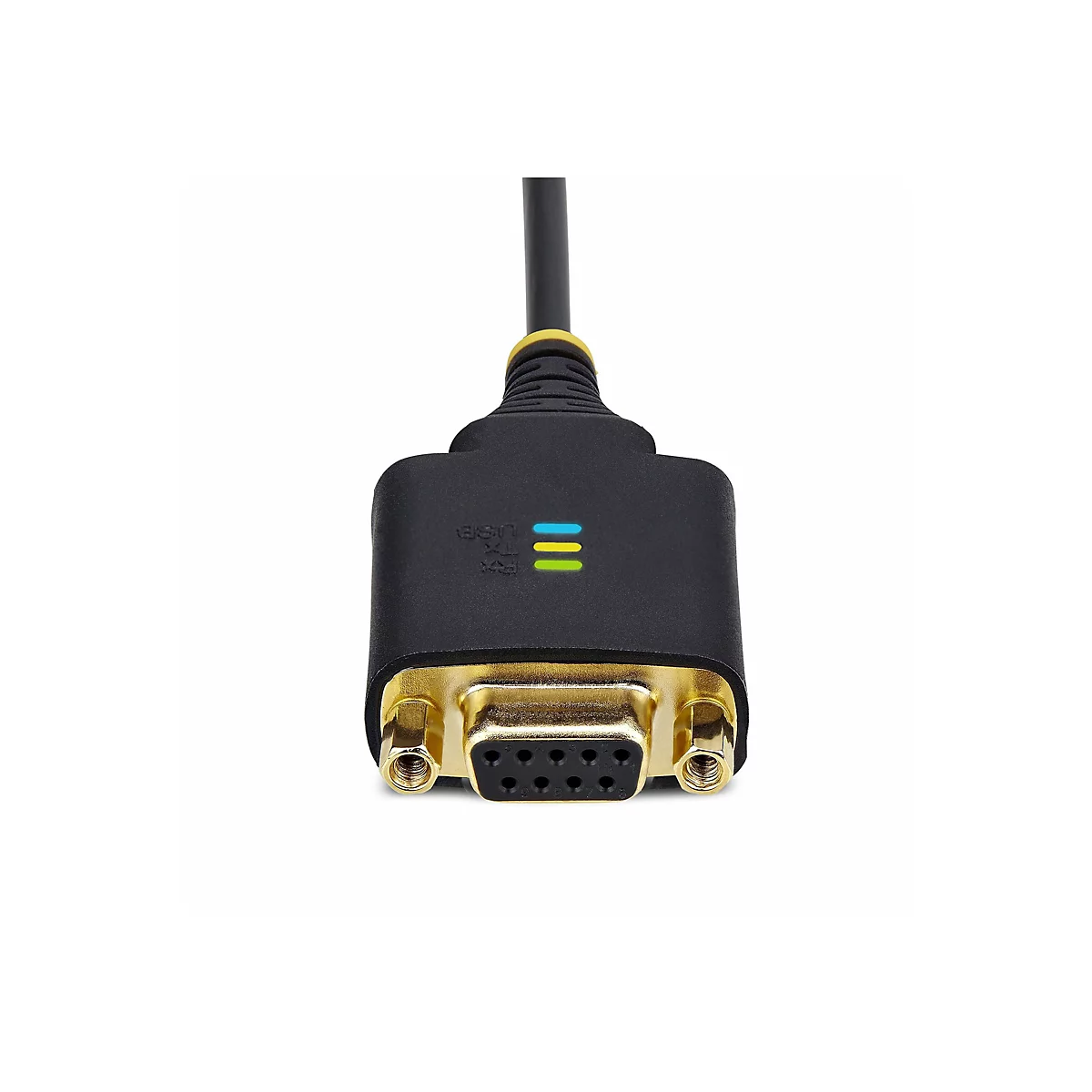 Gros plan d'un câble noir avec des accents jaunes et dorés. En haut, il y a un connecteur noir avec des lumières bleues, vertes et jaunes.