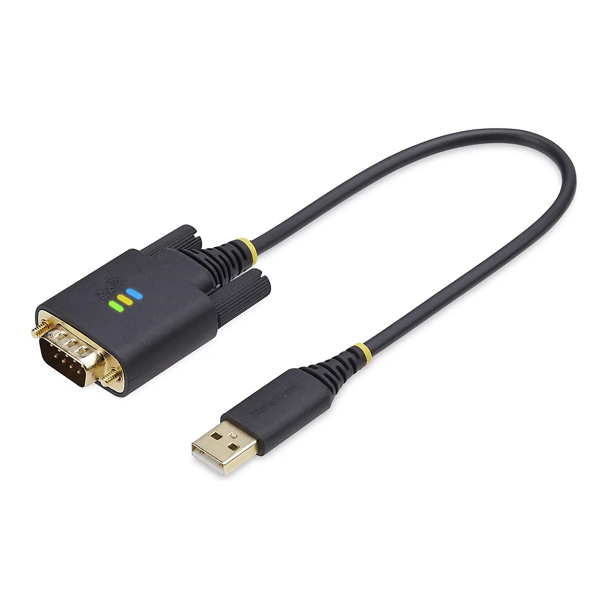 Câble convertisseur USB vers RS232 noir. Une prise avec indicateurs LED, un connecteur série DB9 et un connecteur USB-A sont visibles.