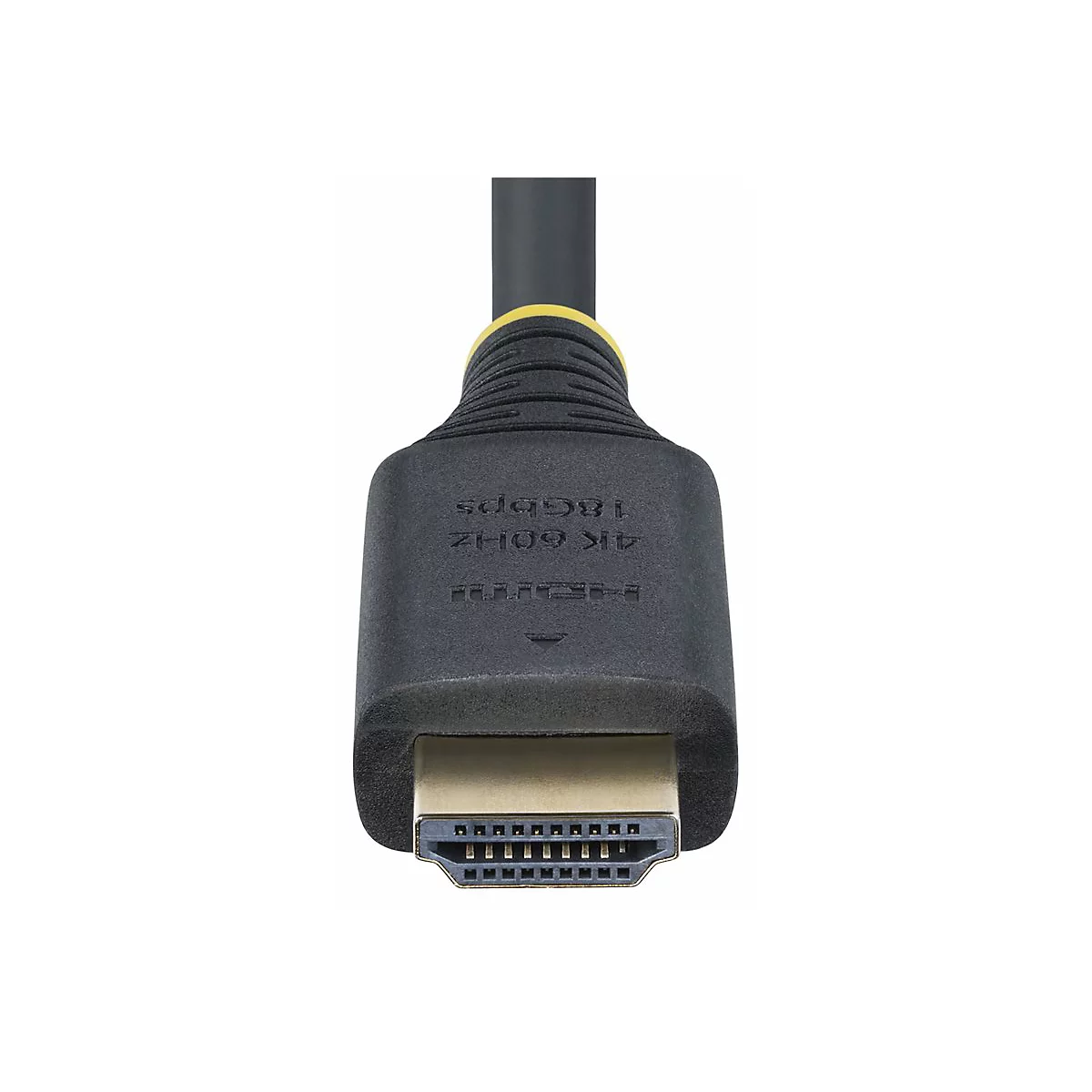 Nahaufnahme eines schwarzen HDMI-Kabels. Der Stecker ist im Fokus, mit Goldkontakten und dem HDMI-Logo.