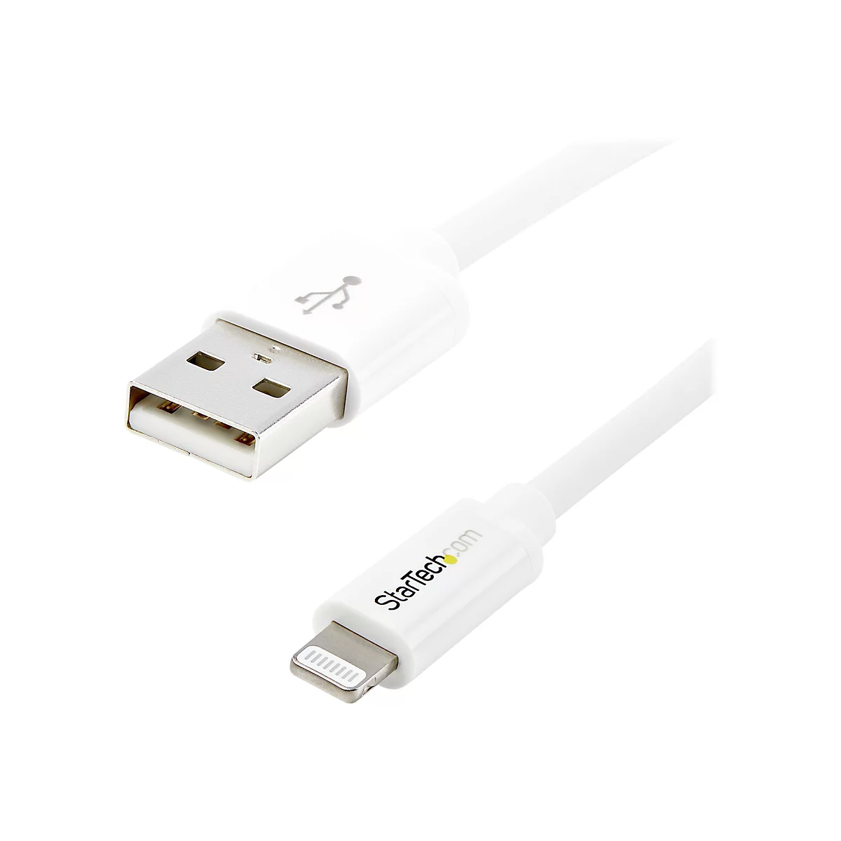 Weißes USB-Ladekabel mit Lightning-Anschluss. Beide Enden sind im Bild zu sehen.
