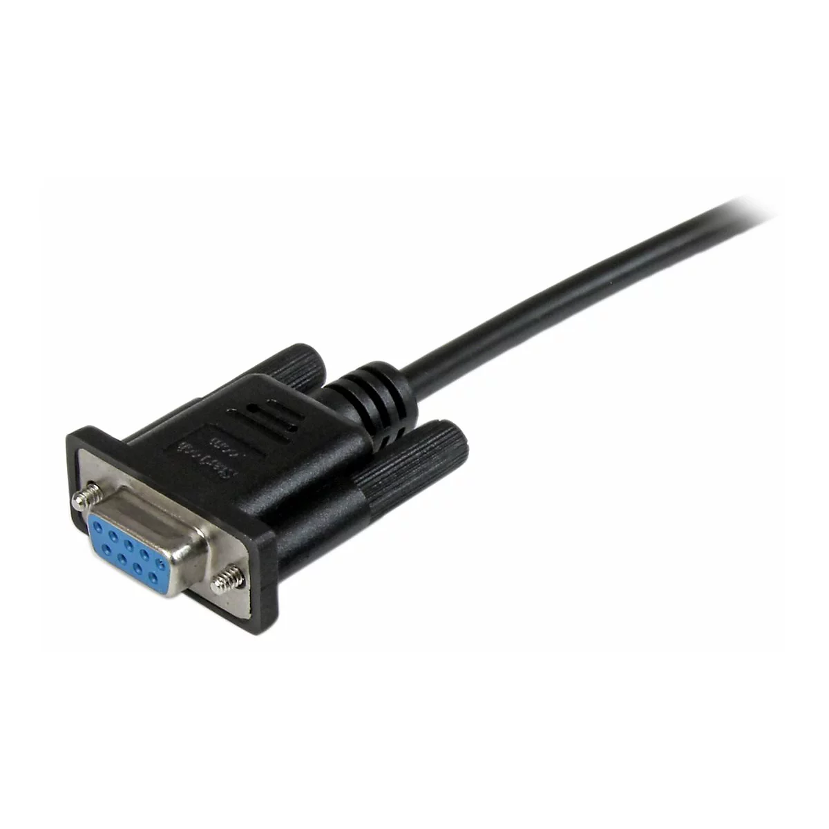 Nahaufnahme eines schwarzen D-Sub-Kabels mit blauen Anschlüssen und Schrauben.