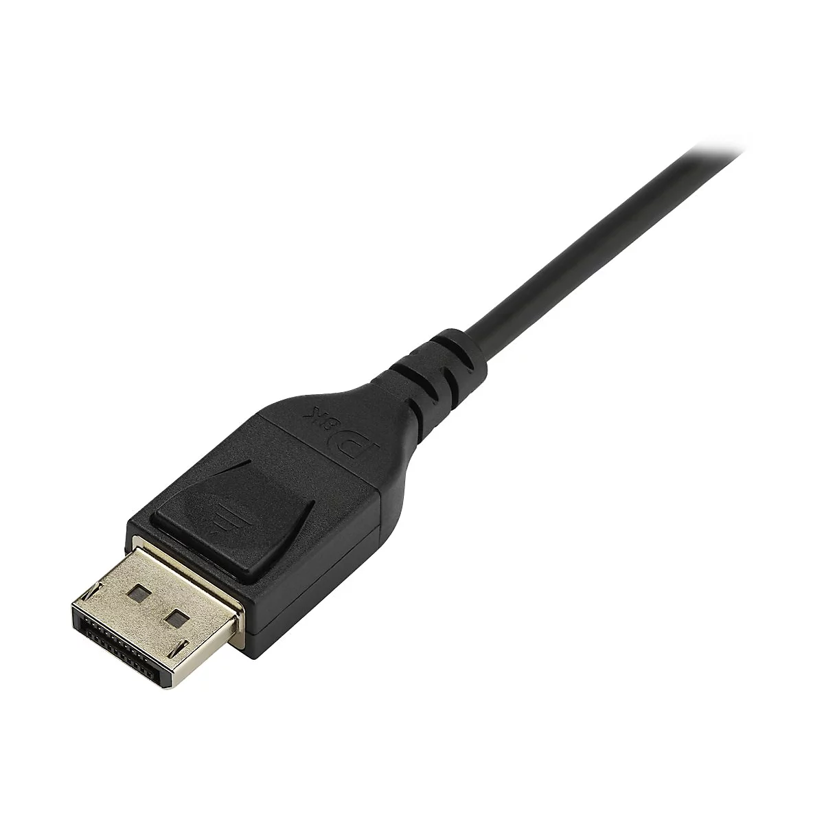 Schwarzes DisplayPort-Kabel mit Stecker und Kabelverlauf, vor weißem Hintergrund. Der Stecker ist mit 'D&K' markiert.