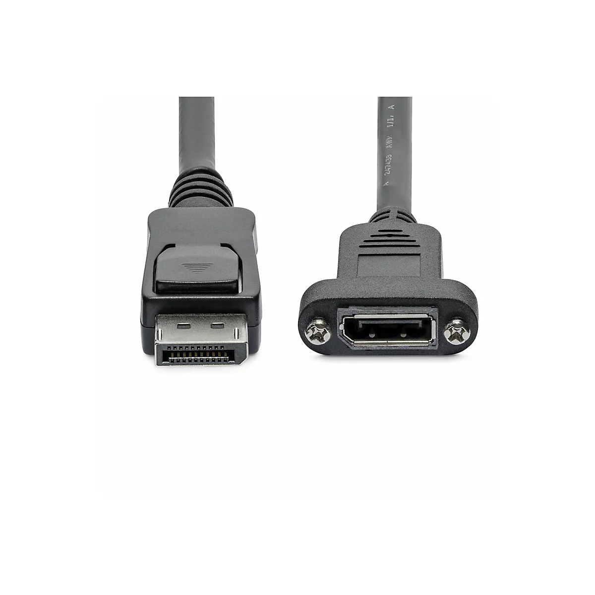 DisplayPort-Stecker und DisplayPort-Einbaubuchse mit Schraubbefestigung an schwarzen Kabeln vor weißem Hintergrund.