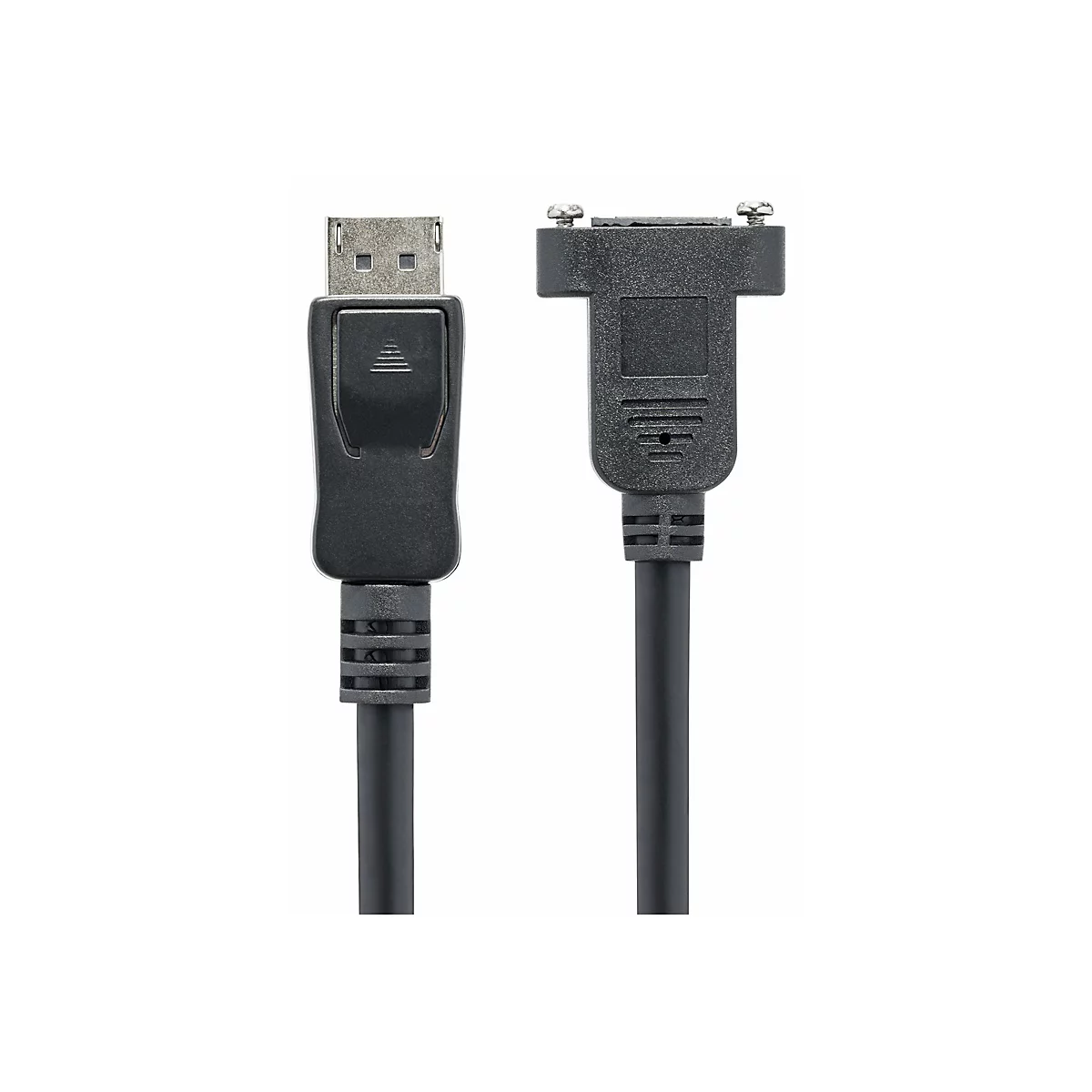 DisplayPort-Stecker links und DVI-Stecker mit Rändelschrauben rechts, schwarze Kabelenden vor weißem Hintergrund.