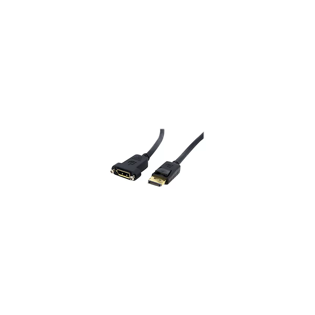 DisplayPort-Verlängerungskabel mit einer Buchse und einem Stecker vor weißem Hintergrund.