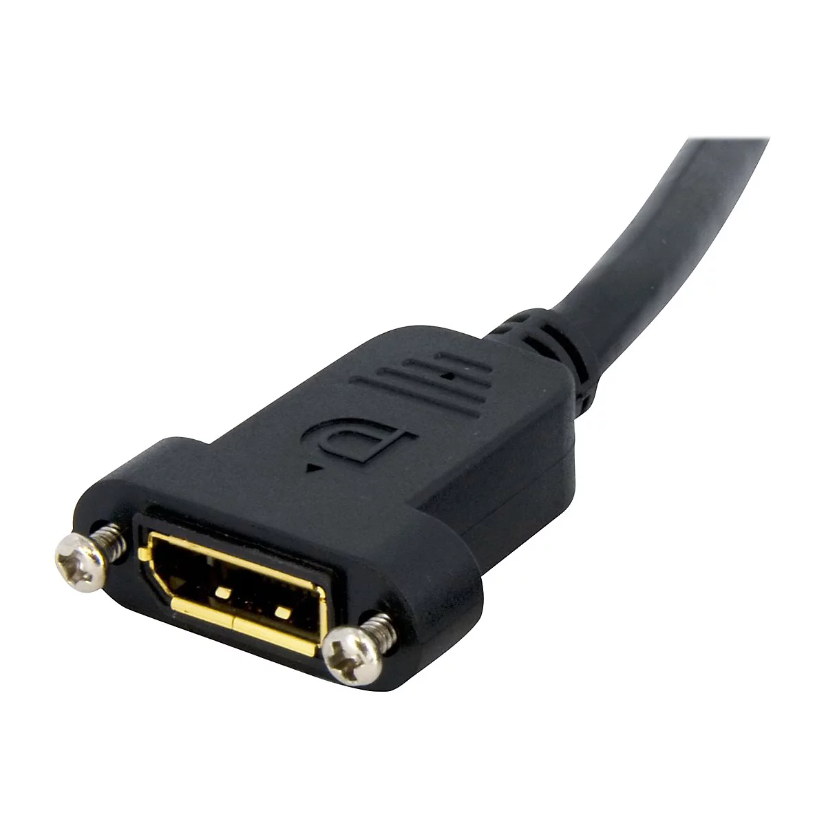 DisplayPort-Einbaubuchse in schwarzem Kunststoffgehäuse mit zwei seitlichen Montageschrauben.