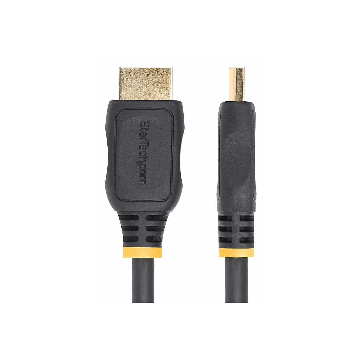 Ein schwarzes HDMI-Kabel mit goldenen Steckern. Auf einem der Stecker steht 'Startech.com'.