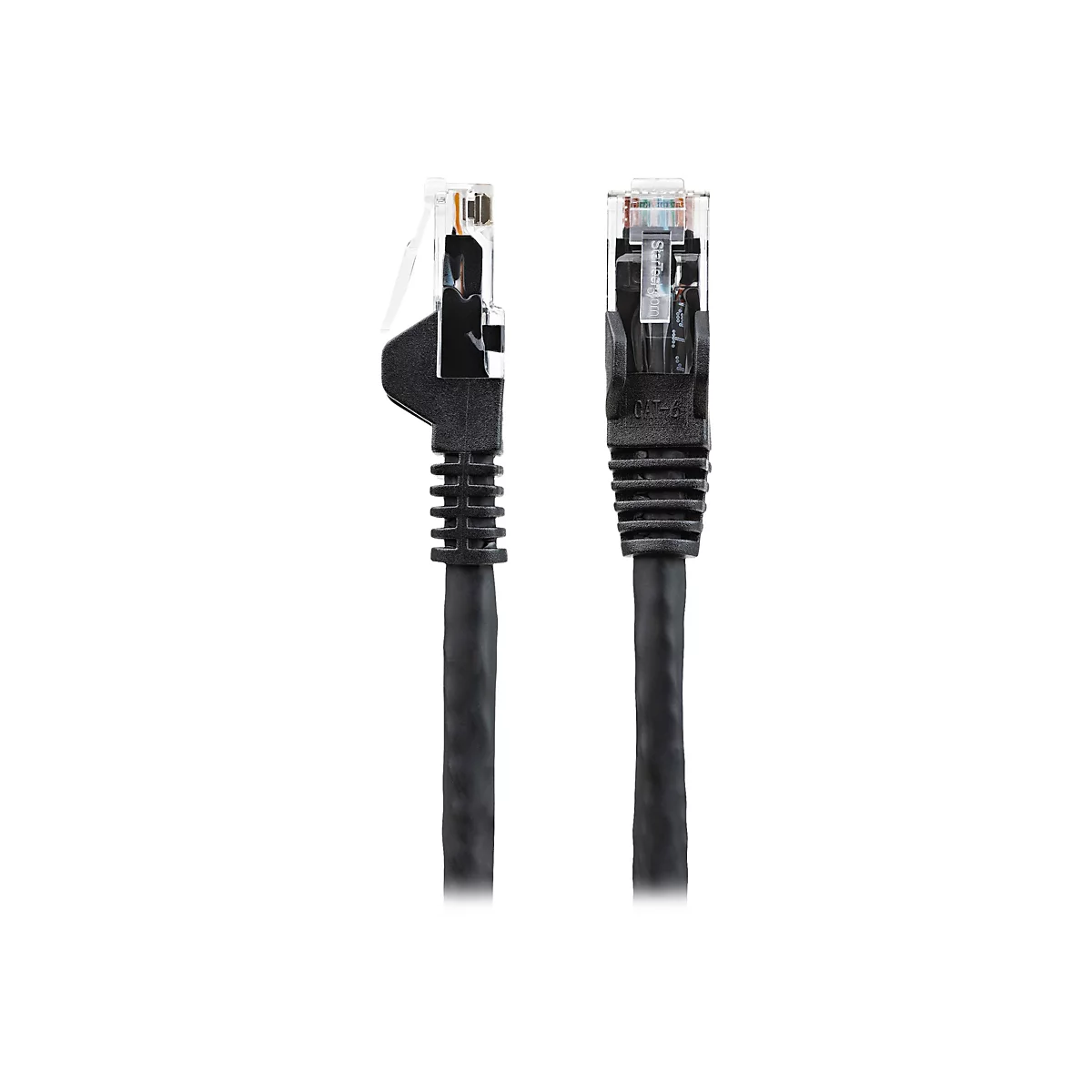 Zwei schwarze Netzwerkkabel mit RJ45-Steckern. Auf einem Stecker steht "Startech.com" und "CAT-6".