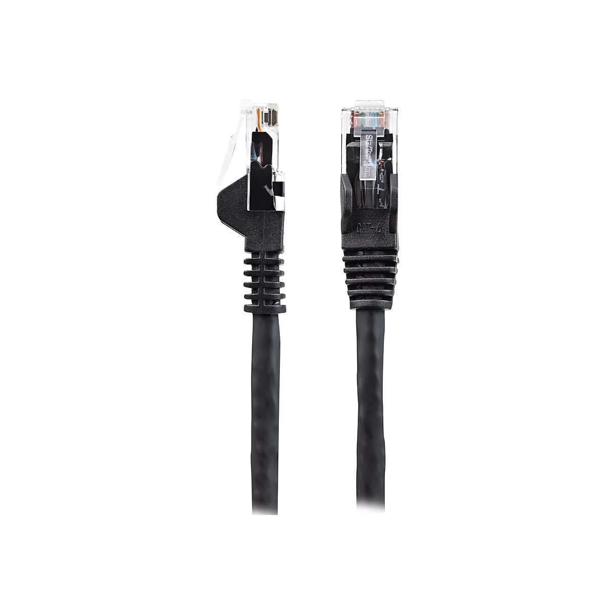 Zwei schwarze Netzwerkkabel mit RJ45-Steckern auf weißem Hintergrund.