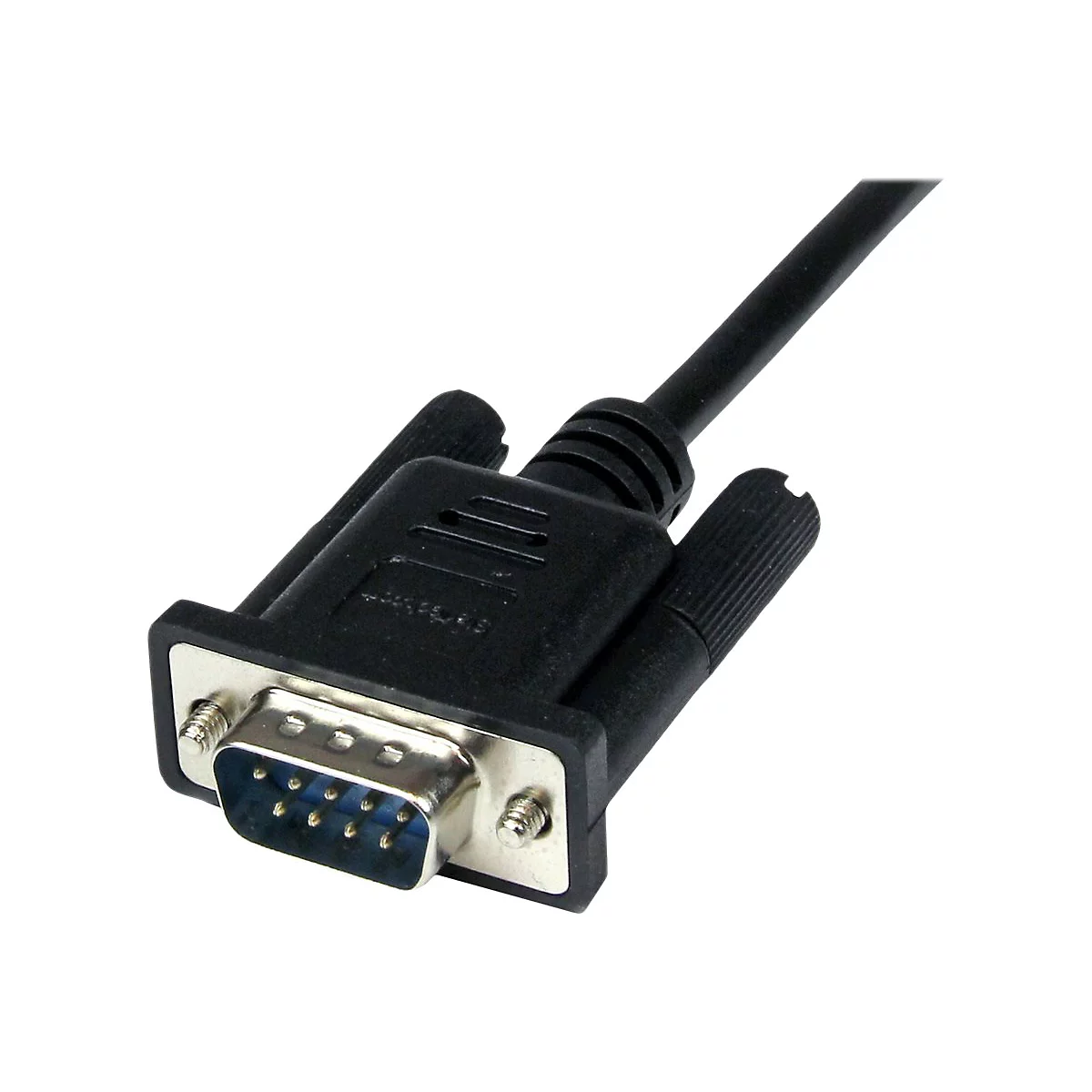 Ein schwarzes DB9-Kabel mit Metallstecker und Schrauben.