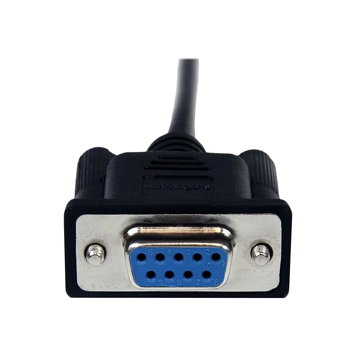Nahaufnahme eines schwarzen D-Sub-Steckers mit blau gefüllten Kontakten. Die Pins sind mit Zahlen beschriftet.