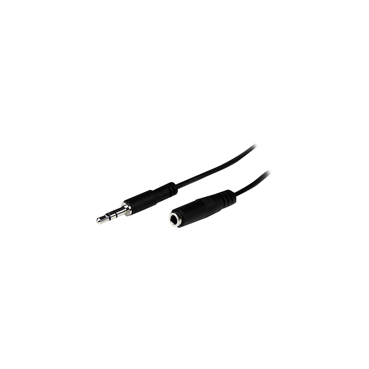 Nahaufnahme eines schwarzen 3,5-mm-Klinkensteckers und einer Buchse, verbunden mit einem schwarzen Kabel.