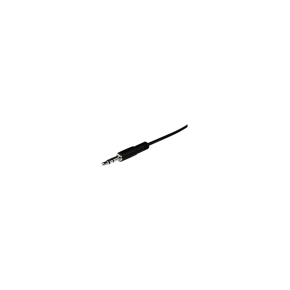 Nahaufnahme eines 3,5-mm-Klinkensteckers mit schwarzem Kabel auf weißem Hintergrund.