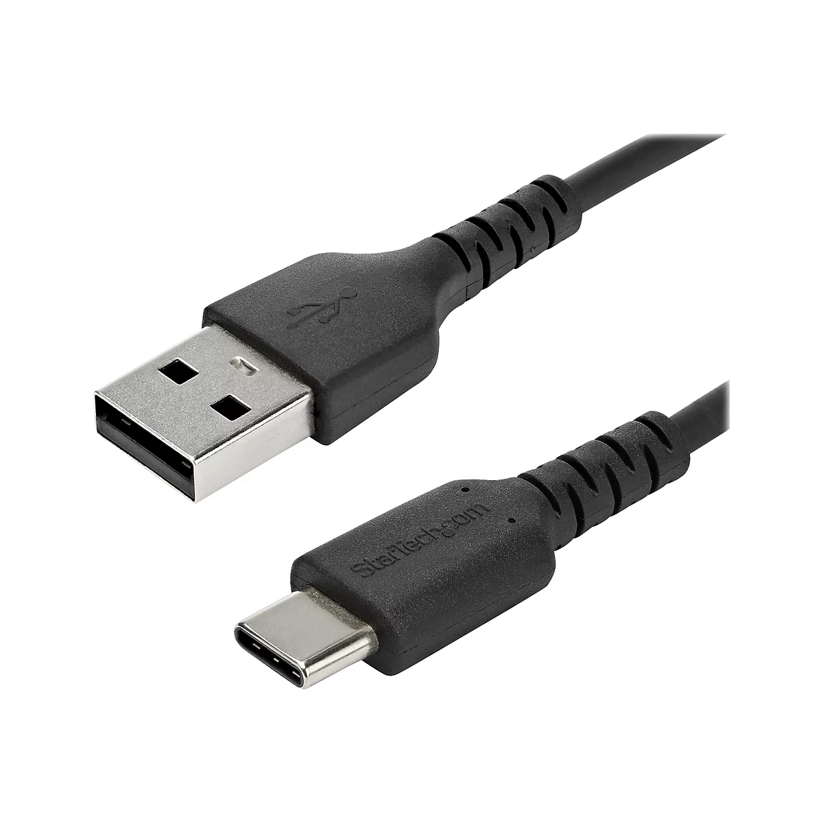 Schwarzes USB-Kabel mit USB-A- und USB-C-Stecker. Der Schriftzug "StarTech.com" ist auf dem C-Stecker zu sehen.