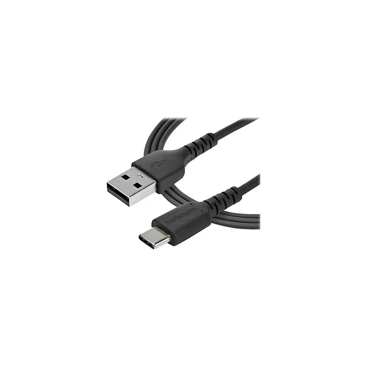 Schwarzes USB-C-Kabel mit USB-A-Stecker. Auf dem Stecker steht Startech.com.