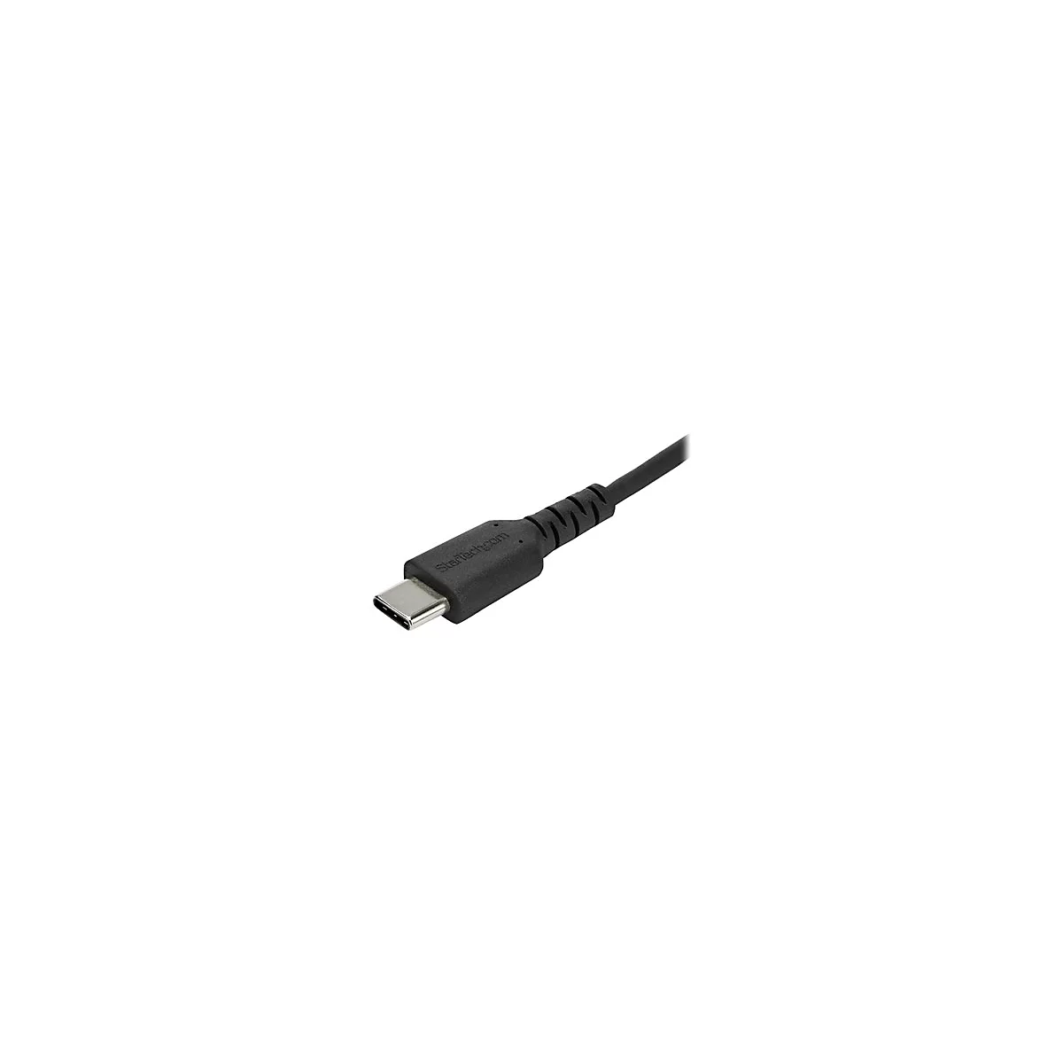 Nahaufnahme eines schwarzen USB-C-Kabels mit Metallstecker. Auf dem Stecker steht StarTech.com.