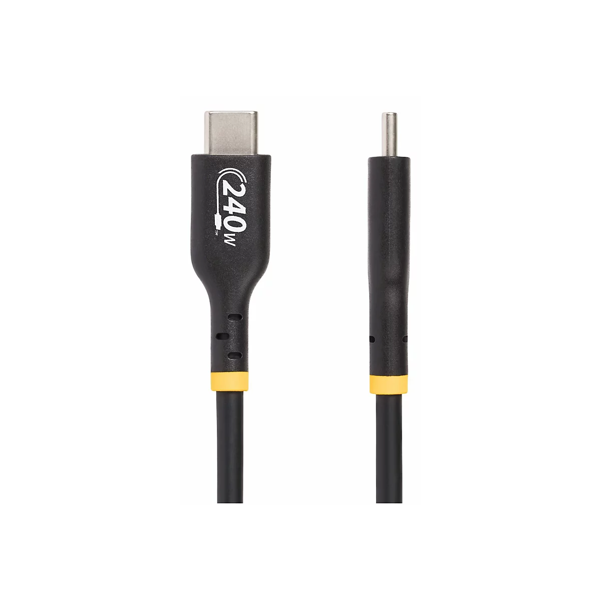 Schwarz-gelbes USB-C-Kabel; Auf dem Stecker steht 240W.
