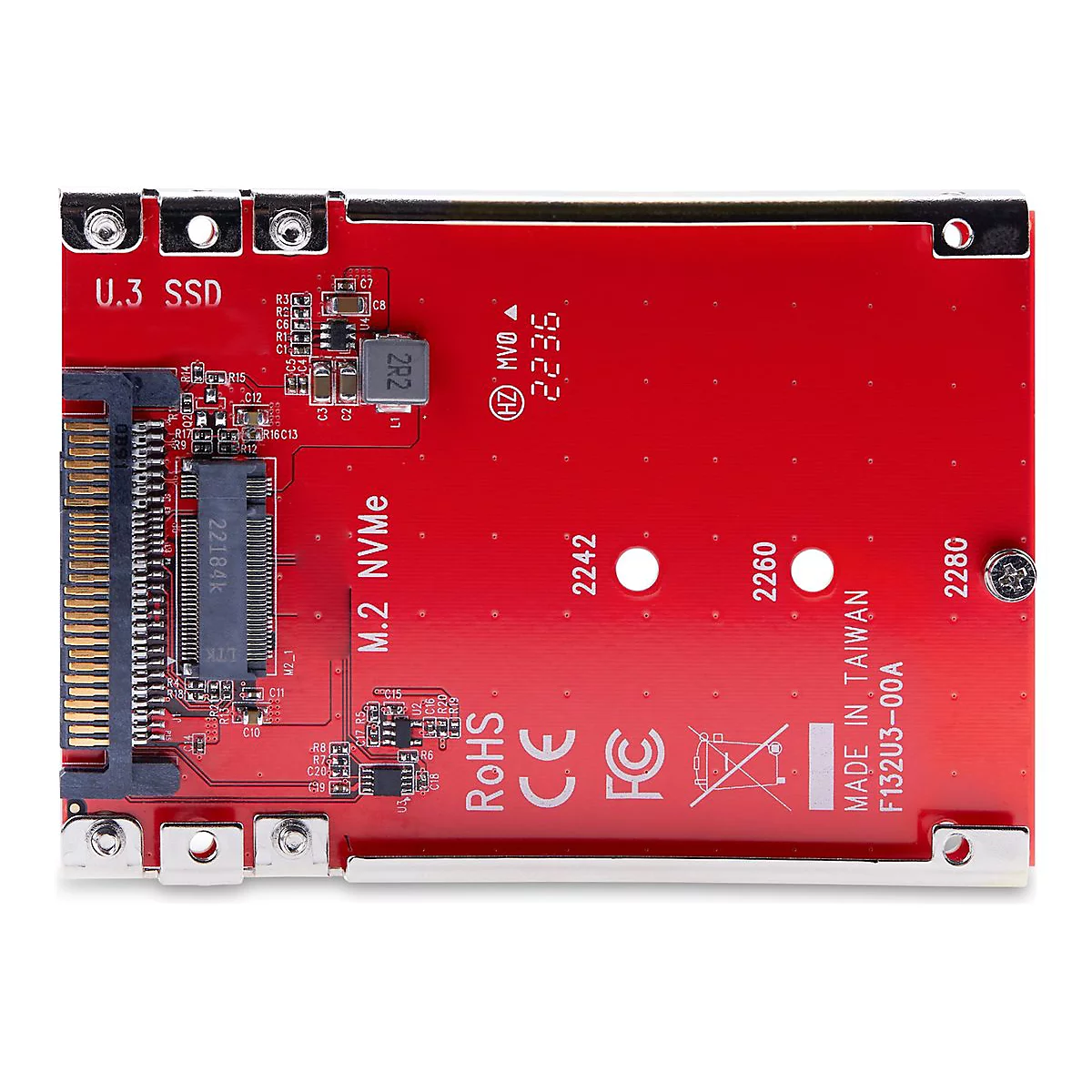 Gros plan d'une carte SSD rouge avec des étiquettes telles que "U.3 SSD", "M.2 NVMe", "RoHS" et "Made in Taiwan".