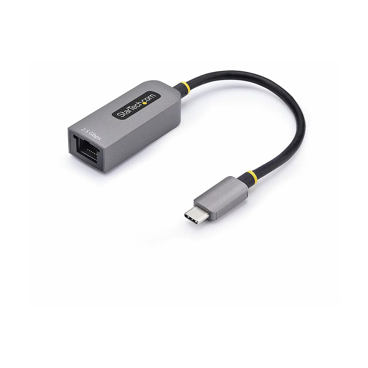 Adaptateur réseau gris avec connecteur USB-C, câble noir et accents jaunes. Imprimé : "StarTech.com" et "2,5 Gbps".