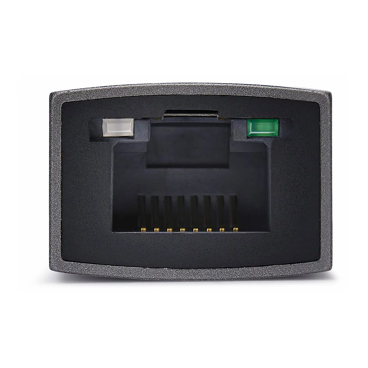 Gros plan sur un adaptateur réseau noir avec une prise RJ45, deux petites LED et des contacts dorés.