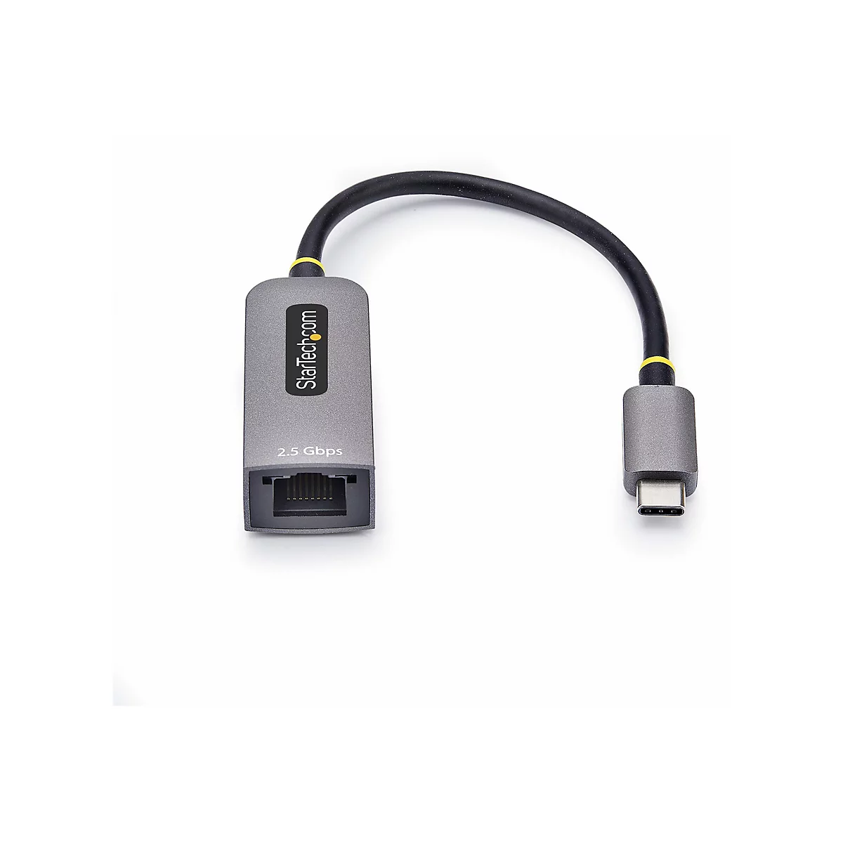 Un adaptateur Ethernet gris avec un câble noir, des accents jaunes et un connecteur USB-C.
